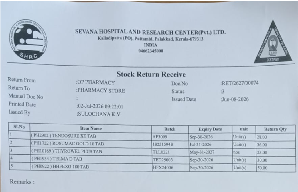 Stock Returned items Stock Returned items